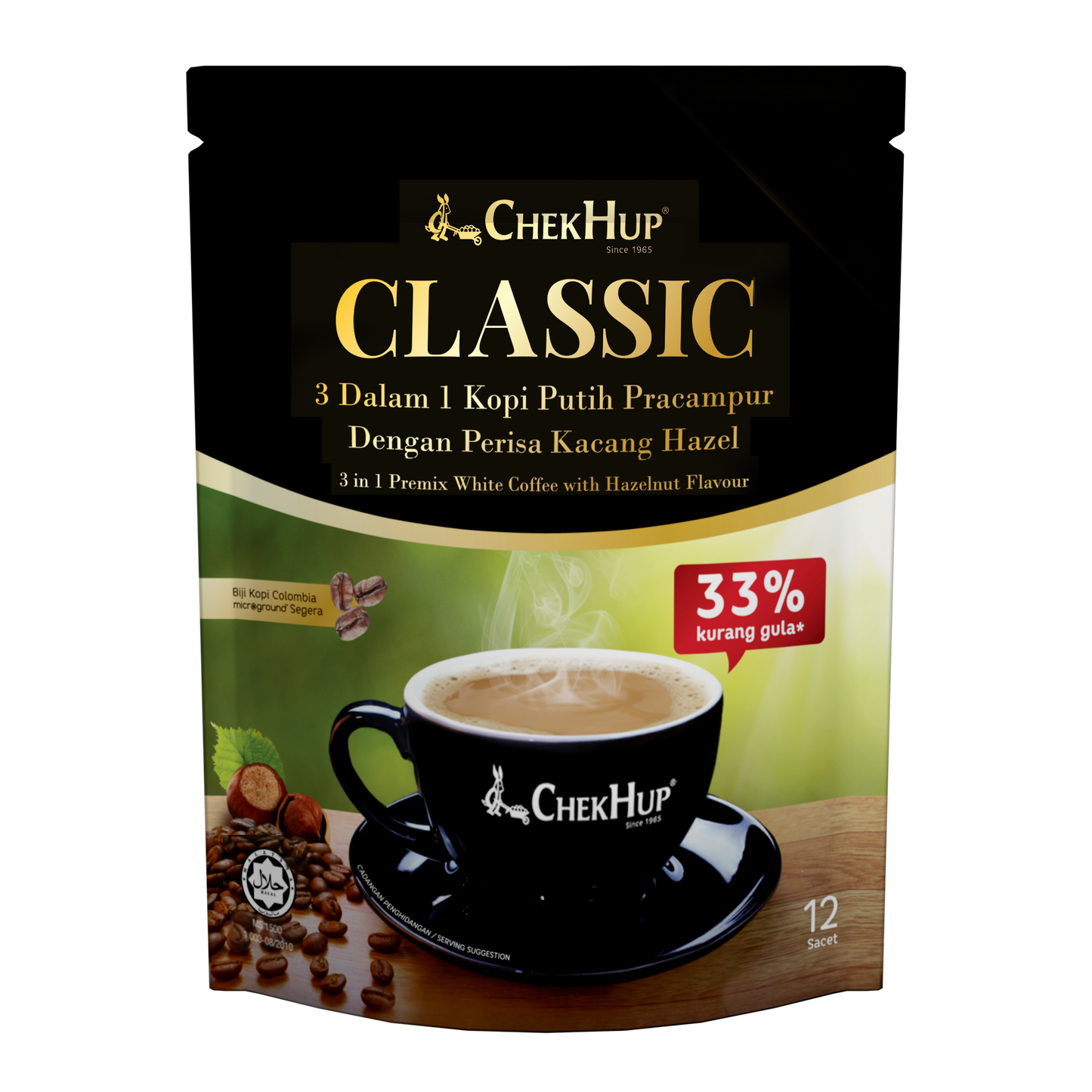 Chek Hup 3in1 Classic Colombian White Coffee with Hazelnut (33% Less Sugar) 37g x 12s