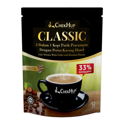 Chek Hup 3in1 Classic Colombian White Coffee with Hazelnut (33% Less Sugar) 37g x 12s