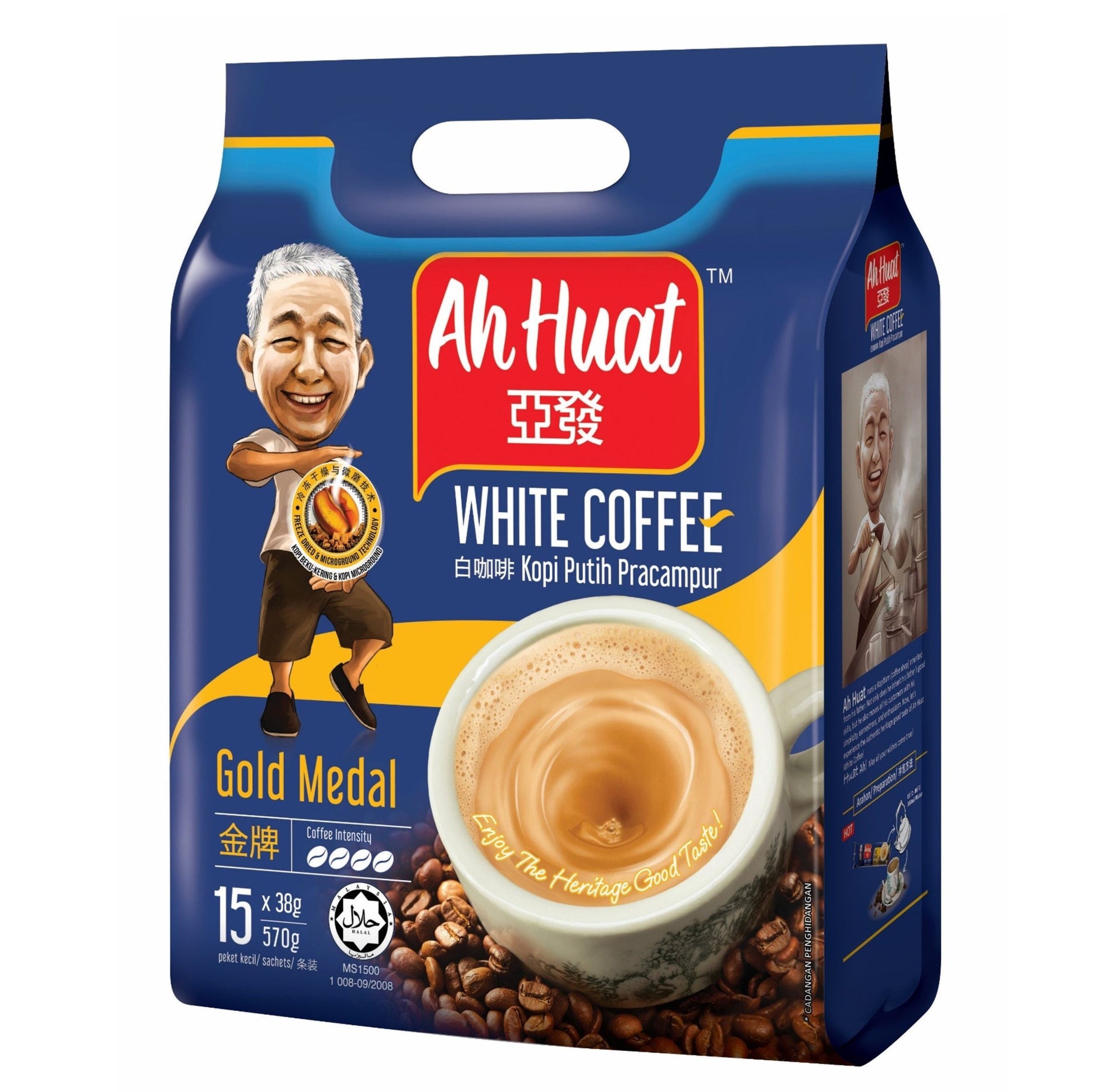 Ah Huat 3 in 1 White Coffee Gold Medal Freeze Dried 38g X 15 Sachets 亚发金牌