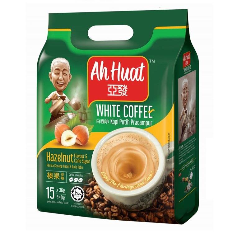 Ah Huat 3 in 1 White Coffee Hazelnut & Cane Sugar 38g X 15 Sachets 亚发榛果蔗糖