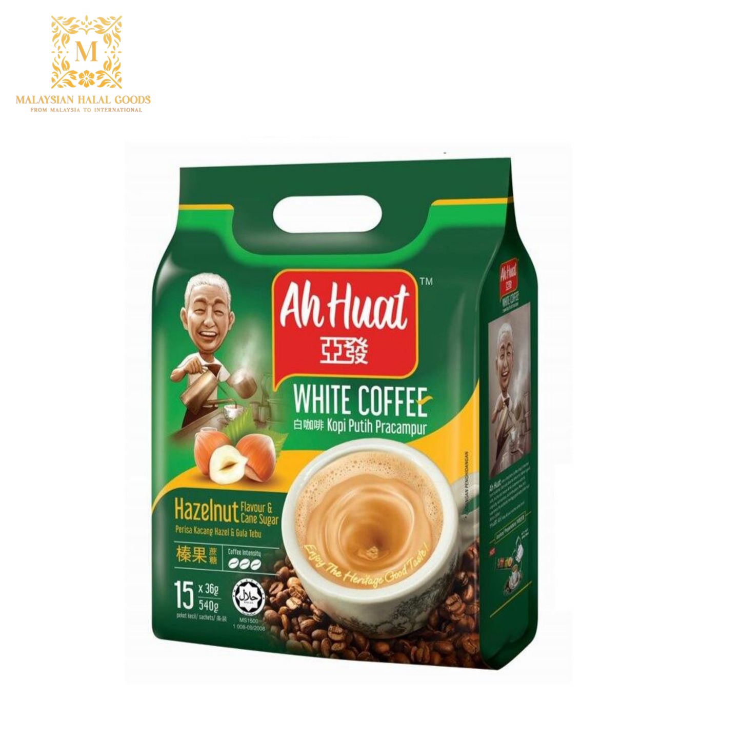 AH HUAT 3 in 1 White Coffee Hazelnut & Cane Sugar 540g (36g x 15's)