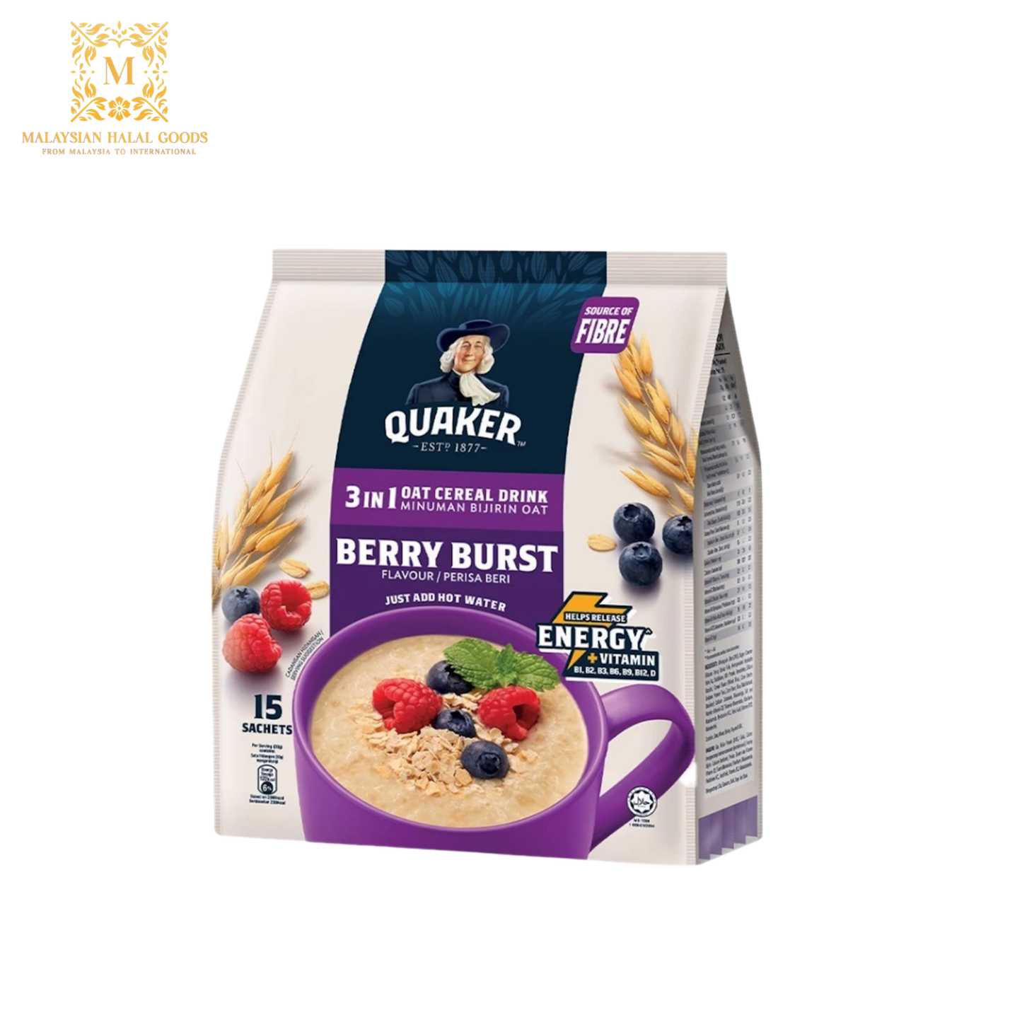 QUAKER 3in1 Oat Cereal Drink Berry Burst 450g (15's x 30g)